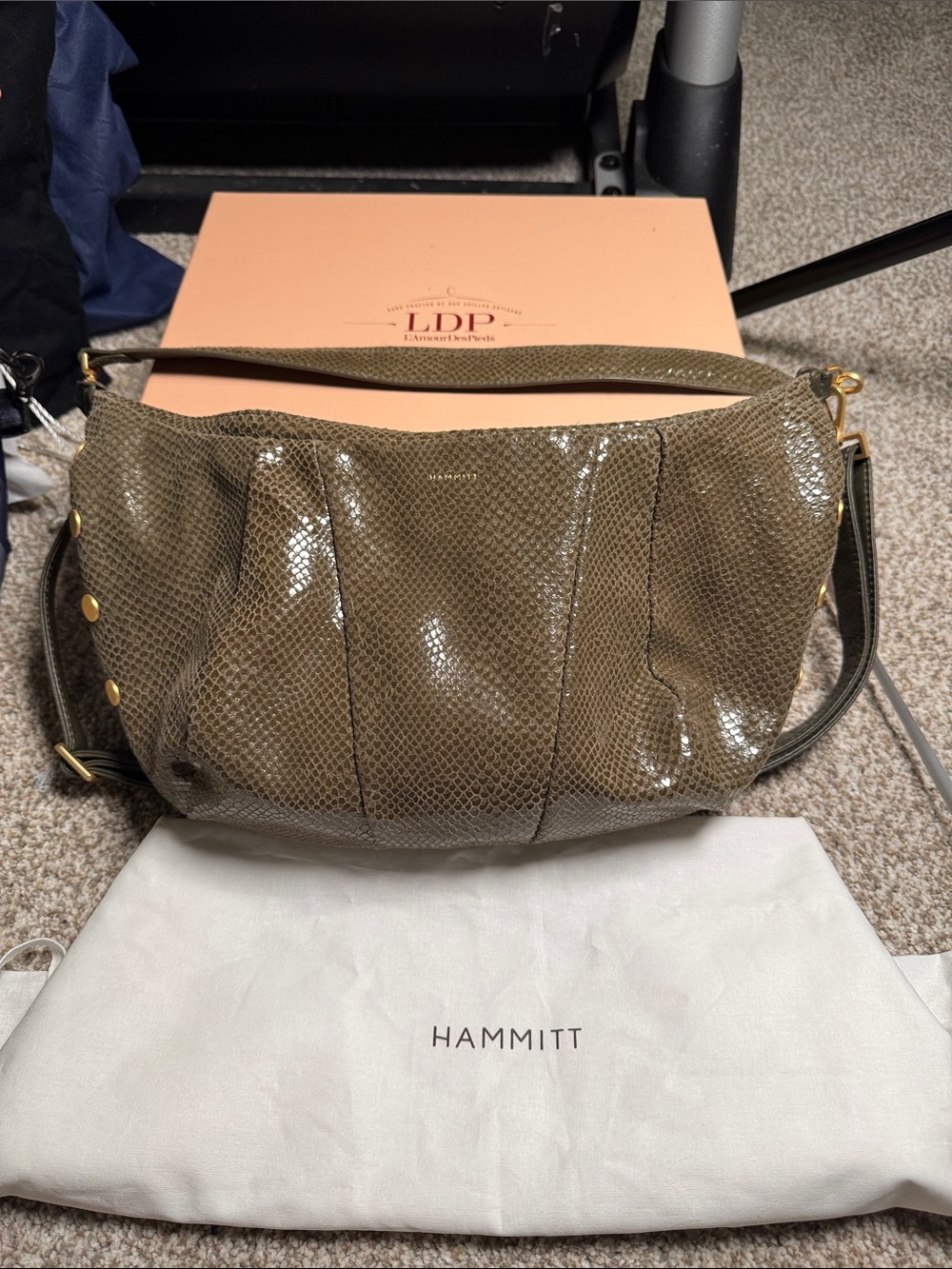 Hammitt Olive Green Metallic Snake-Embossed Shoulder Bag